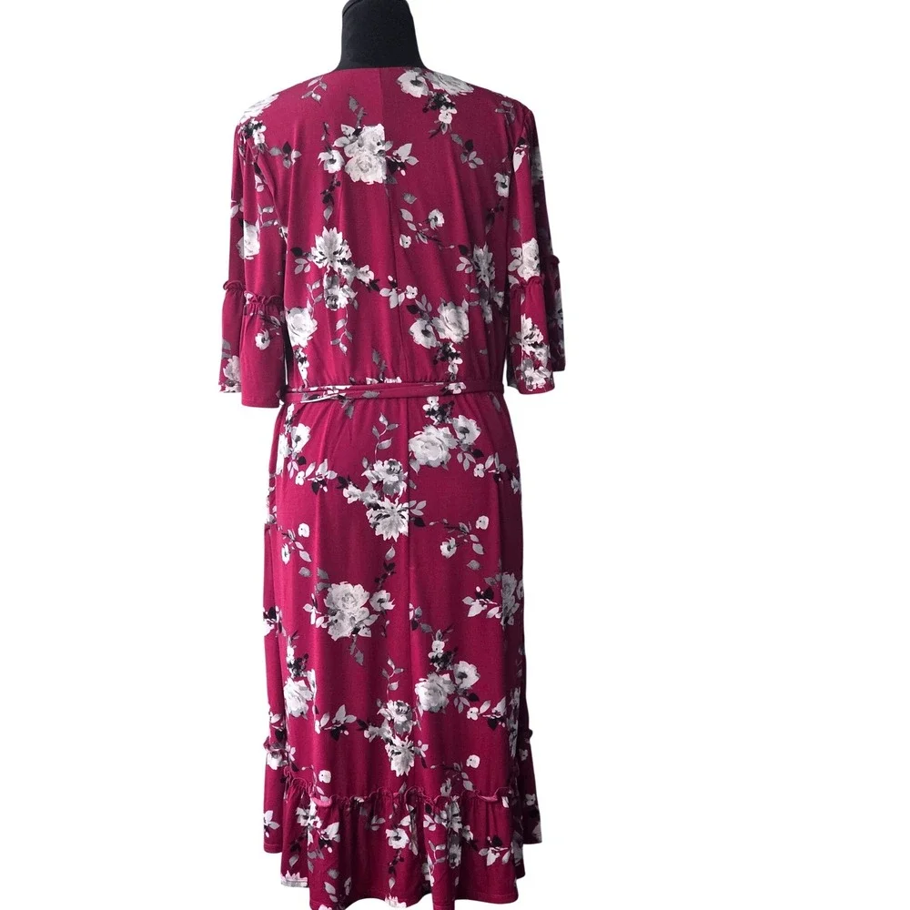 Cato Burgundy Floral Wrap Midi Dress Ruffle Sleeve V-Neck Tie Waist Stretch L B1